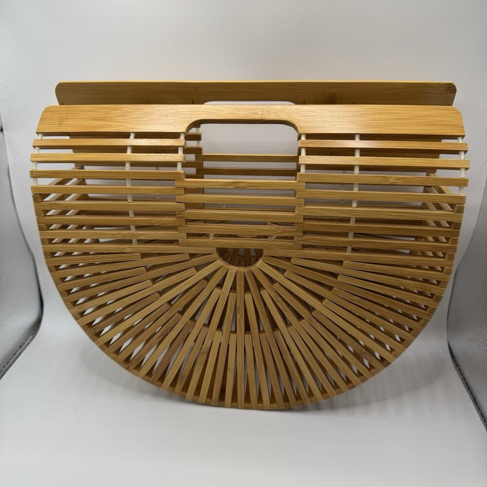 Natural Bamboo Ark Clutch Handbag Half Moon Slatted Wood Bag Made In Vietnam